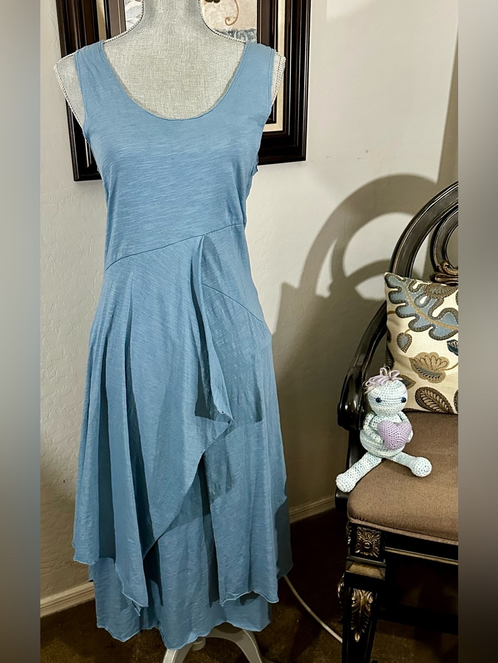 Sundance Hazy Isles Blue Linen Blend Multi-Tiered Midi Dress.